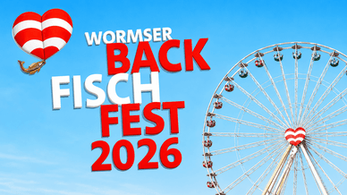 Werbegrafik zum Wormser Backfischfest 2026 mit Riesenrad und rot-weißem Herzballon
