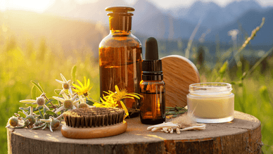 Naturkosmetikprodukte auf einem Baumstumpf – Braunglasflasche, Pipette, Creme, Holzbürste und Heilkräuter vor Alpenkulisse