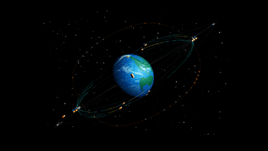 Visualização da órbita da Terra com milhares de satélites e fragmentos de lixo espacial – um problema que a plataforma Neuraspace resolve