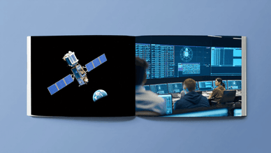 Um satélite em órbita e pessoas diante de monitores – dois mundos que a plataforma Neuraspace liga para prevenir colisões espaciais