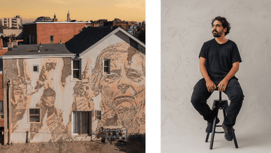 Pintura de Alexandre Farto (Vhils) na casa e a sua fotografia no estúdio