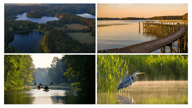 Die Naturregion Mecklenburgische Seenplatte mit klarem Wasser und Inseln