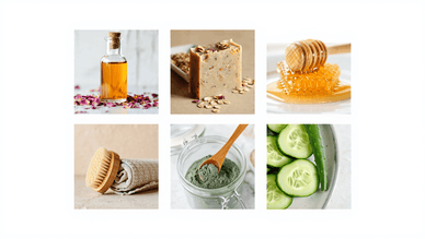Collage natürlicher Kosmetikzutaten: Rosenöl, Haferflocken-Seife, Honigwaben, Holzbürste, Tonerde und Gurkenscheiben mit Aloe vera