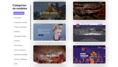 Galerie de modèles personnalisables SiteW classés par catégories professionnelles.