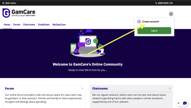 Botão "Registrar" no site GamCare