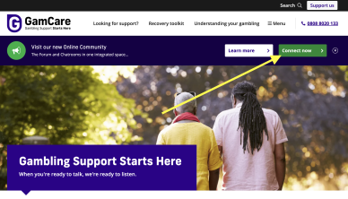 Botão Conecte-se agora no site GamCare