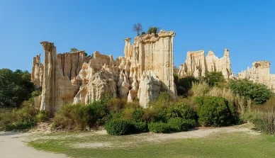 Formations géologiques des Orgues d’Ille-sur-Têt en pleine lumière. Colonnes naturelles des Orgues d’Ille-sur-Têt sous un ciel bleu.