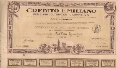 Certificato storico delle azioni della banca Credito Emiliano Certificato Credem del 1926