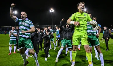 Shamrock Rovers players celebrating a victory after a match