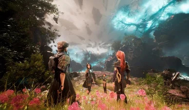 Groupe d’aventuriers explorant une forêt magique dans Clair Obscur : Expedition 33.