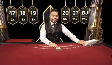 Lightning Blackjack table live avec multiplicateurs. Lightning Blackjack live avec croupier et multiplicateurs.