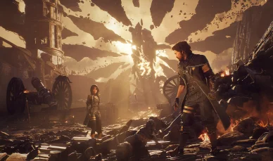 Scène de combat intense dans Clair Obscur : Expedition 33 avec des canons en ruines.