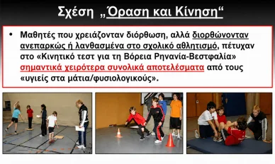Σχέση μεταξύ όρασης και κινητικής απόδοσης Γραφικό που απεικονίζει τη σχέση μεταξύ όρασης και κινητικών δεξιοτήτων, με φωτογραφίες από ασκήσεις συντονισμού σε σχολικά αθλήματα