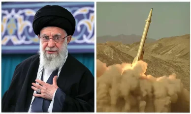 Khamenei et lancement de missile iranien. Khamenei et missile iranien en image composée.