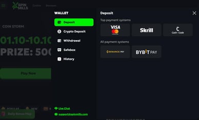 Einzahlungsoptionen im SpinMills Casino