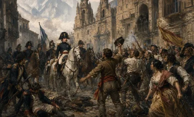 Powstanie Hiszpanów przeciwko wojskom napoleońskim w 1808 roku — ilustracja historyczna