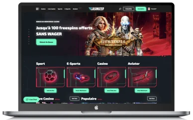 Site Casinozer affichant une offre de 100 free spins sans wager, ainsi que plusieurs catégories de jeux tels que le sport, l’e-sport, le casino et le jeu Aviator.