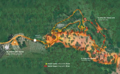 Plan détaillé des itinéraires de promenade du Sentier des Ocres à Roussillon. Carte des parcours du Sentier des Ocres montrant les boucles courte et longue.