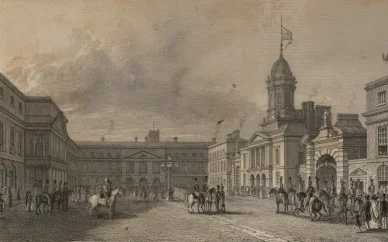 British soldiers standing guard at Dublin Castle in 1830, dressed in early 19th-century military uniforms at the administrative center of British rule in Ireland.
