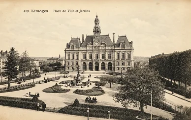 Hôtel de ville de Limoges et jardins d'autrefois. Hôtel de ville de Limoges, ancienne carte postale.