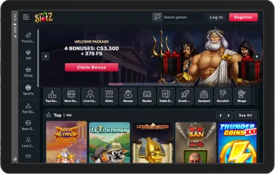TheSlotz Casino avec offre de bienvenue. Page d’accueil avec bonus sur TheSlotz Casino.