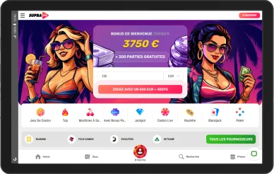 Accueil et bonus sur SupraPlay casino. Bannière principale du site SupraPlay casino.