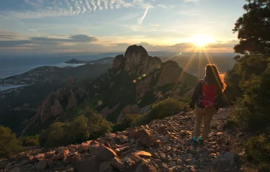Coucher de soleil sur les sentiers et sommets, Massif de l’Esterel. Randonneuse face au soleil couchant sur les crêtes, Massif de l’Esterel.
