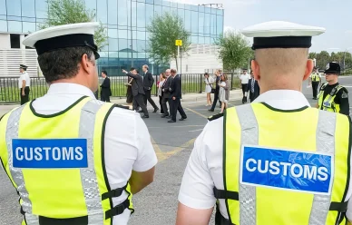 ضباط جمارك يراقبون حركة الأفراد والبضائع لضمان تطبيق الإجراءات الجمركية بشكل صحيح.