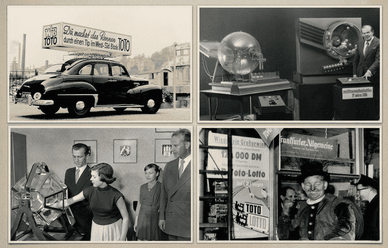 Historische Schwarz-Weiß-Fotos: ein Toto-Werbewagen, Ziehungstrommeln und ein Lotto-Kiosk aus der Nachkriegszeit