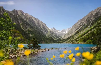 Lac de Gaube au printemps avec fleurs et verdure.