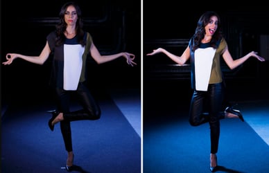 Filomena Cautela equilibra-se numa perna só em duas poses num cenário escuro