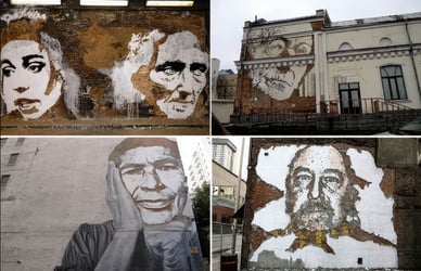 Obra de Vhils no estilo de escultura em betão