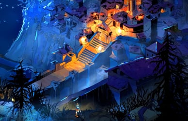 Capture d’écran de Hades 2 avec Mélinoé face à une cité éclairée.