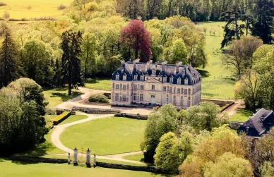 Le château de Purnon vu du ciel avec son domaine. Vue aérienne du château de Purnon au milieu de son parc boisé.