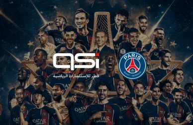 Montage des joueurs du PSG avec logo et sponsor QSI.
