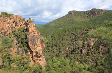 Falaises et nature sauvage en arrière-pays, près du Massif de l’Esterel. Gorges et falaises rocheuses au-dessus d’une vallée boisée, autour du Massif de l’Esterel.