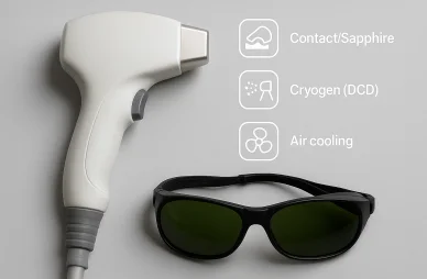 مقبض جهاز ليزر يوضح فوائد وأضرار إزالة الشعر بالليزر من خلال تقنيات التبريد المختلفة: الياقوت، الكرايوجين، والهواء.