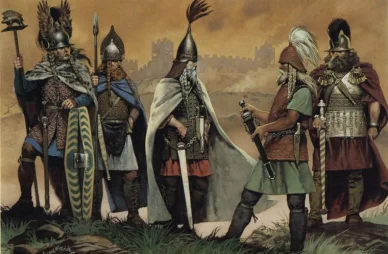Ancient Celtic warriors in traditional dress and armour