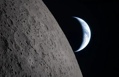 Mission Artemis II croissant de Terre et surface lunaire.