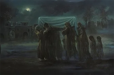 لوحة فنية تصور مشهد دفن فاطمة ليلًا بحضور الإمام علي وعدد قليل من أهل بيتها وأصحابها المقربين.