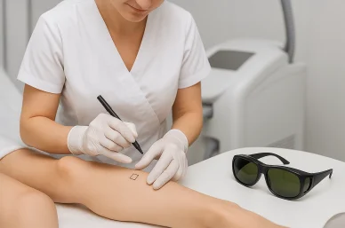 أخصائية تجميل تحدد منطقة العلاج على ساق المريضة كجزء من خطوات قبل إزالة الشعر بالليزر.