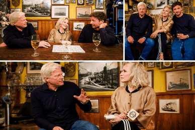 Oliver Kahn in conversation with Ina Müller and a podcaster in a Hamburg bar with a nautical theme