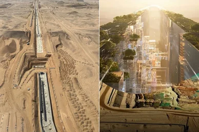 مشروع "ذا لاين" في نيوم: من أرض الواقع وأعمال البناء إلى التصميم المستقبلي صورة مقسومة تظهر أعمال الحفر والبنية التحتية لمشروع ذا لاين في صحراء نيوم على اليسار والتصور الهندسي المستقبلي للمدينة الزجاجية العاكسة على اليمين