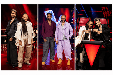 Três fotos dos irmãos Calema nas filmagens do The Voice Portugal: com looks a preto e branco junto ao palco vermelho, com fatos roxos e botas Timberland e nas cadeiras vermelhas dos mentores