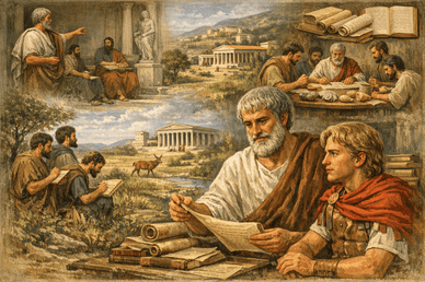 Ο Αριστοτέλης διδάσκει μαθητές, παρατηρεί τη φύση, μελετά κυλίνδρους και καθοδηγεί τον Αλέξανδρο