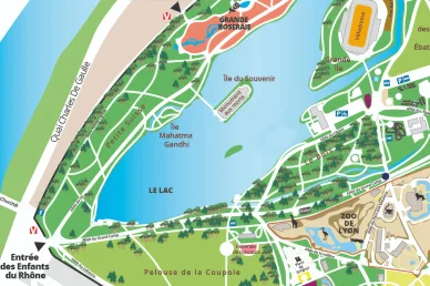 Carte touristique illustrée du parc de la Tête-d'Or. Plan détaillé avec lac, zoo et jardins du parc de la Tête-d'Or.