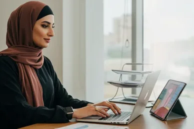 بيئة عمل احترافية وخدمات مصرفية رقمية متطورة بنك سهام (Saham Bank): موظفة محترفة ترتدي الحجاب وتعمل بتركيز على حاسوبها المحمول.