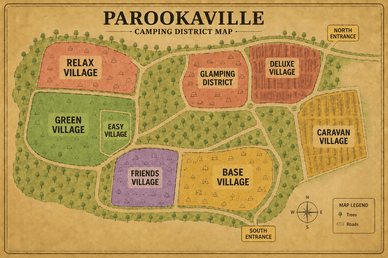 Parookaville Camping District Map 2026 – Übersicht aller Zonen: Relax Village, Green Village, Easy Village, Friends Village, Base Village, Glamping District, Deluxe Village, Caravan Village