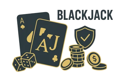Blackjack: ilustración vectorial con cartas de as y jota, fichas, monedas, dados y un escudo con una marca