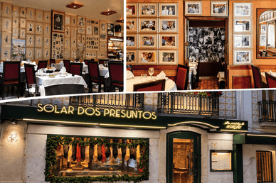 Paredes de fotografias e fachada do Solar dos Presuntos